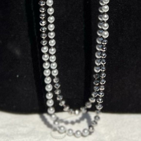 Long Pearl Necklace Double Necklace Sparkle Silver Tone Multi Strand Dressy NWT - Picture 2 of 4